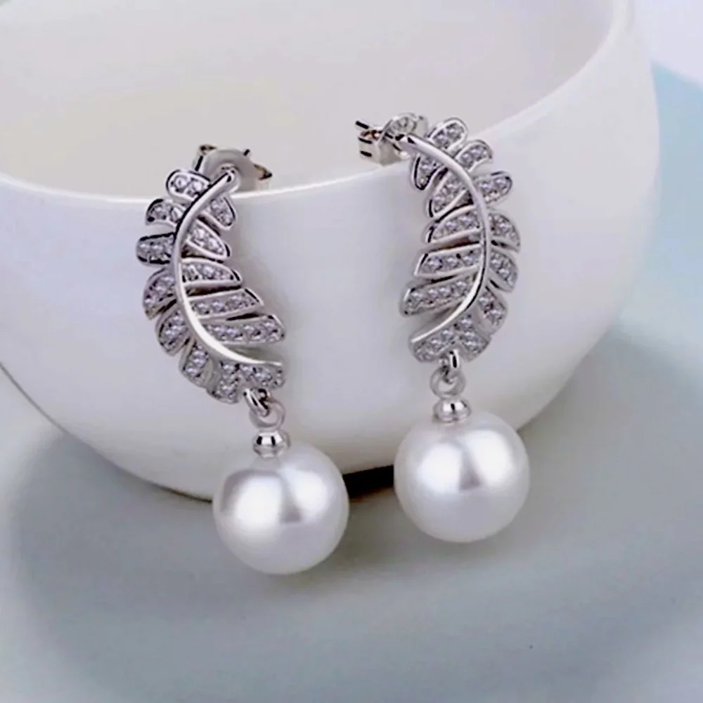 Sterling Silver 925 Leaves Pearl Earrings